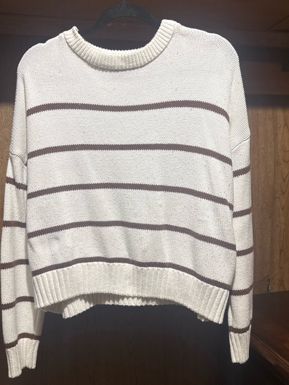 Striped Cream Crewneck Sweater with Brown Accent